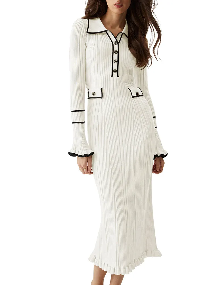 Women's Half Button Collar Sweater Dress Long Sleeve Ruffle Ribbed Knit Maxi Pencil Dress