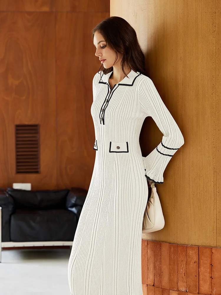 Women's Half Button Collar Sweater Dress Long Sleeve Ruffle Ribbed Knit Maxi Pencil Dress