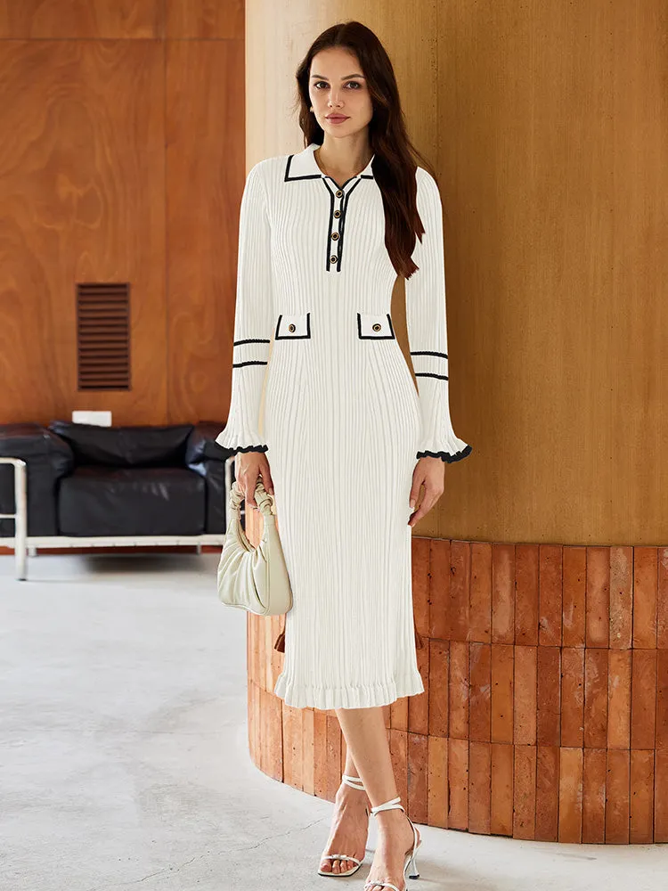 Women's Half Button Collar Sweater Dress Long Sleeve Ruffle Ribbed Knit Maxi Pencil Dress