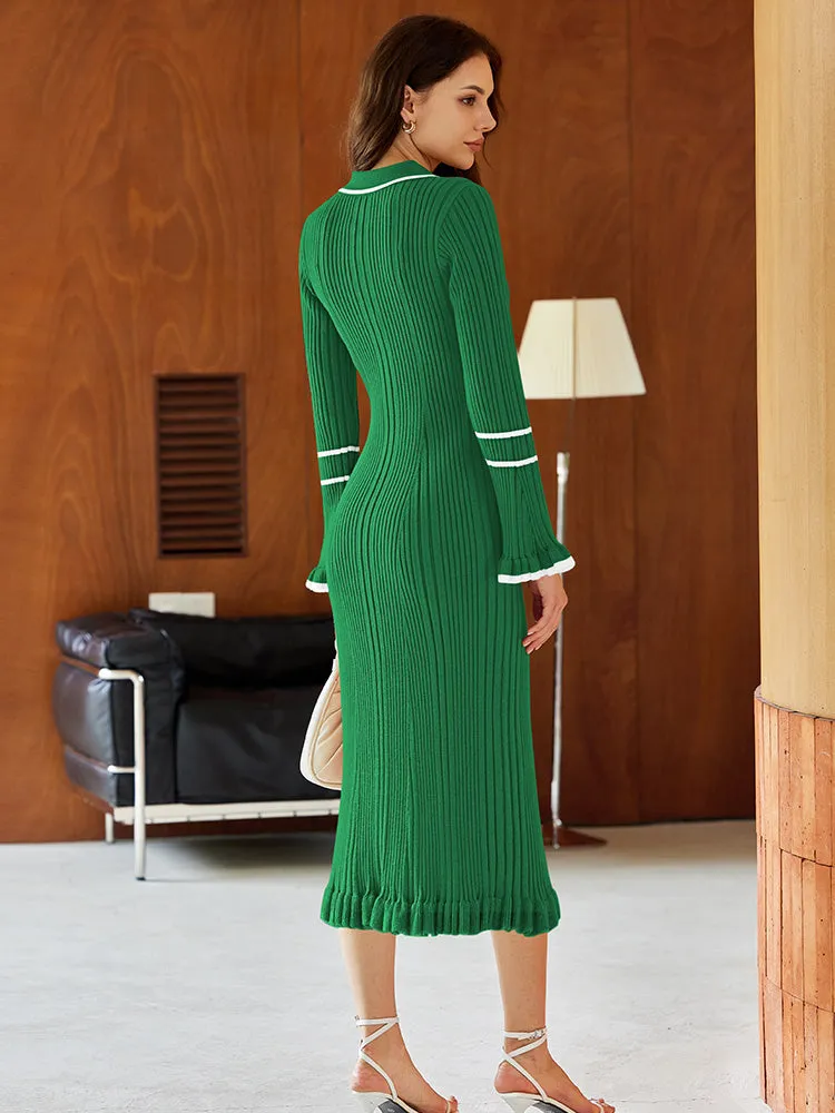 Women's Half Button Collar Sweater Dress Long Sleeve Ruffle Ribbed Knit Maxi Pencil Dress