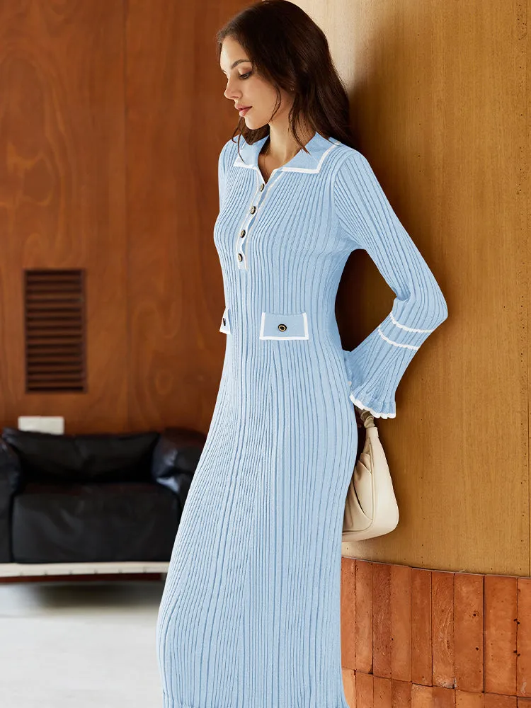 Women's Half Button Collar Sweater Dress Long Sleeve Ruffle Ribbed Knit Maxi Pencil Dress