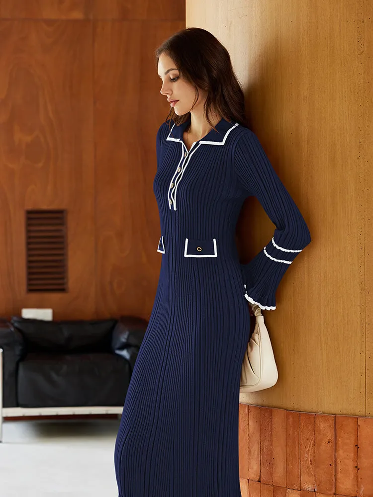 Women's Half Button Collar Sweater Dress Long Sleeve Ruffle Ribbed Knit Maxi Pencil Dress