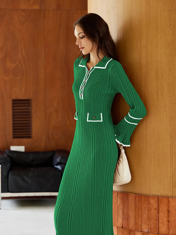 Women's Half Button Collar Sweater Dress Long Sleeve Ruffle Ribbed Knit Maxi Pencil Dress