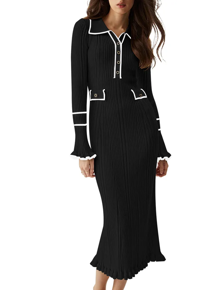 Women's Half Button Collar Sweater Dress Long Sleeve Ruffle Ribbed Knit Maxi Pencil Dress