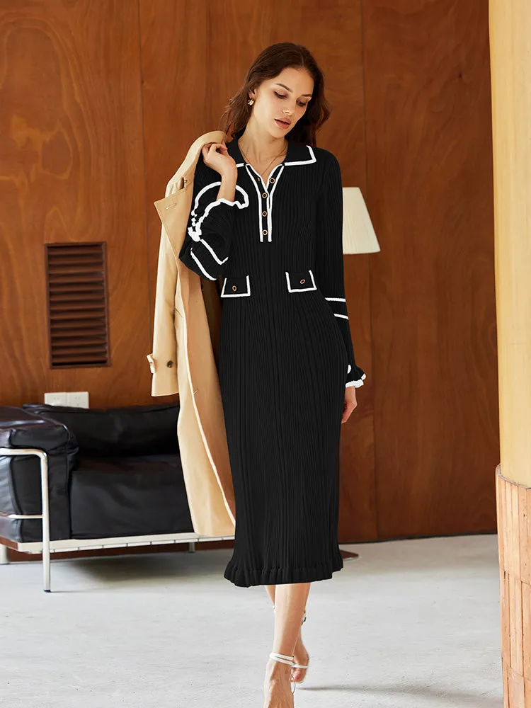 Women's Half Button Collar Sweater Dress Long Sleeve Ruffle Ribbed Knit Maxi Pencil Dress