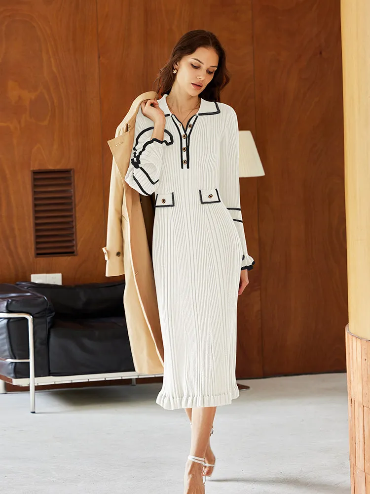 Women's Half Button Collar Sweater Dress Long Sleeve Ruffle Ribbed Knit Maxi Pencil Dress