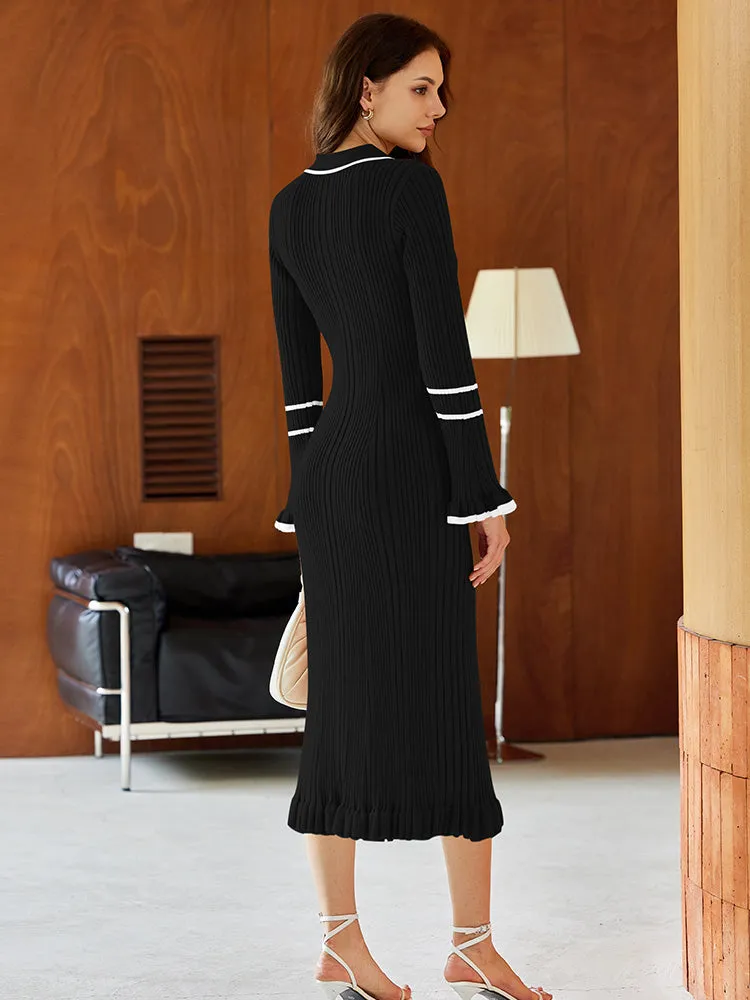 Women's Half Button Collar Sweater Dress Long Sleeve Ruffle Ribbed Knit Maxi Pencil Dress