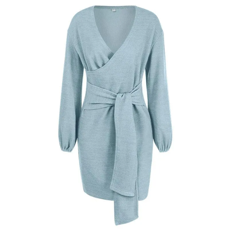 Women's Sweater Dress Sexy V Neck Long Sleeve Mini Dresses