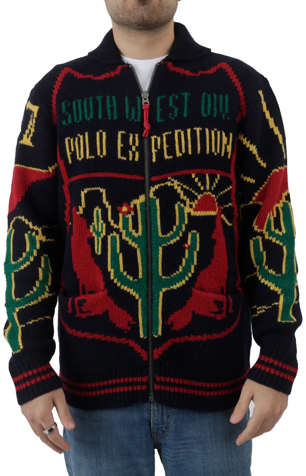 Wool Blend Crest Cardigan - Navy/Multi