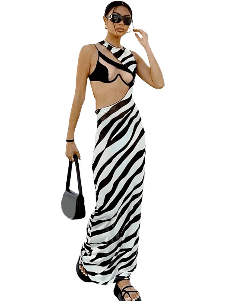 Zebra Print Long Beach Dress Cover-Up