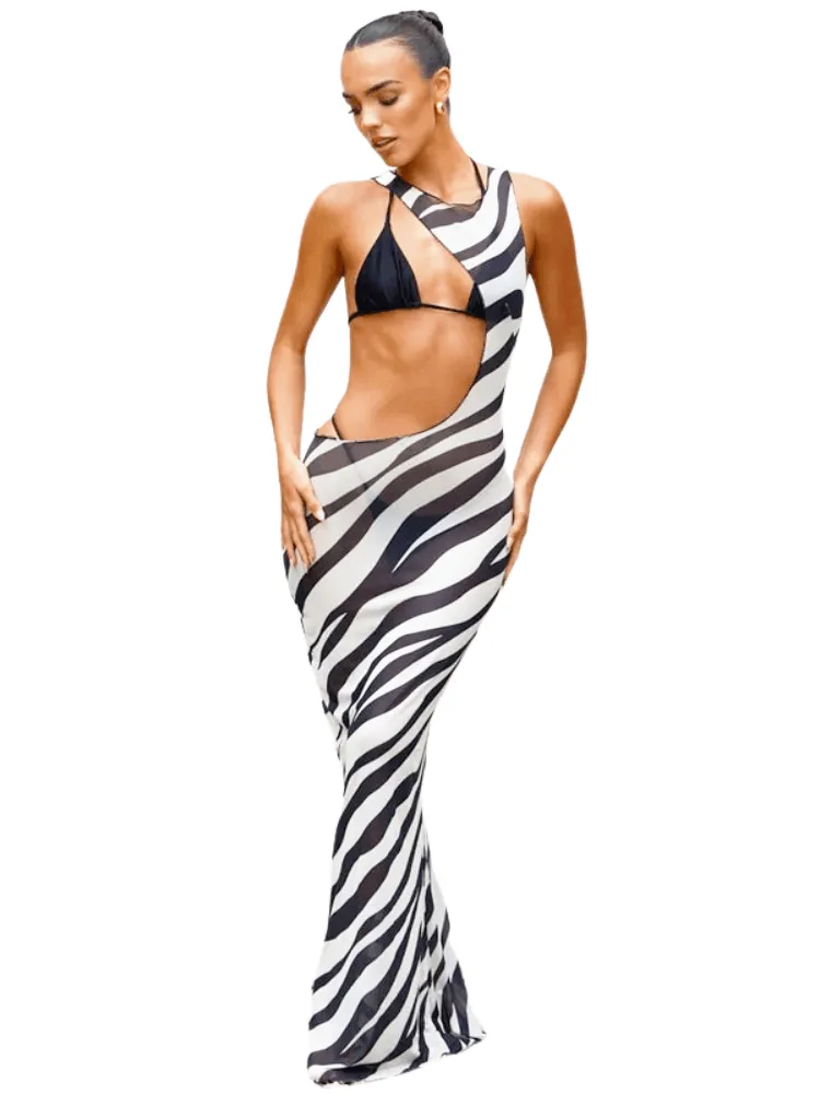 Zebra Print Long Beach Dress Cover-Up